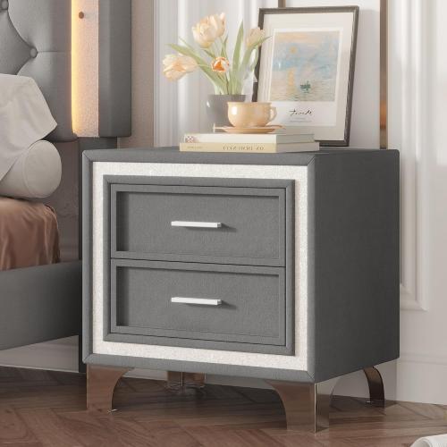 Mid Century Vintage Nightstand with Silver Glitter Strip, Gray Velvet Bedside Table with 2 Drawers and Metal Legs