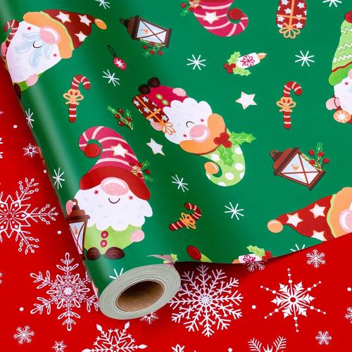 MAYPLUSS Gnome Wrapping Paper Roll, Reversible Green Christmas Wrapping Paper, Adorable Gnome Winter Holiday Gift Wrap With Snowflakes Design for Present Wrap, Packaging Supply (17 Inch X 33 Feet)