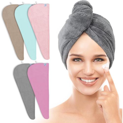 TENSTARS 5 Pack Thicken Microfiber Hair Towel Wrap for Women - Elastic Loop Design - 320GSM Coral Velvet - Quick Dry Hair Turban - 11x28 Inch (Grey Pink Brown FrozenBlue FrozenBerry)