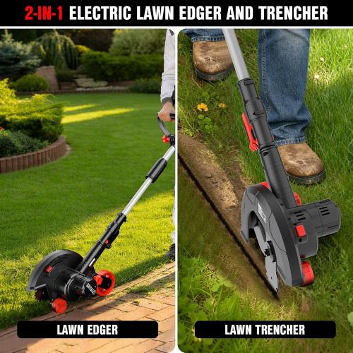 EWORK 20V Cordless Lawn Edger with 2 Batteries & Charger, Battery Powered Edger Lawn with 9 Metal Blade, 4 Adjustable Depth, Adjustable Handle, Dual Wheels, for Lawns, Driveways, Sidewalk Edges Red