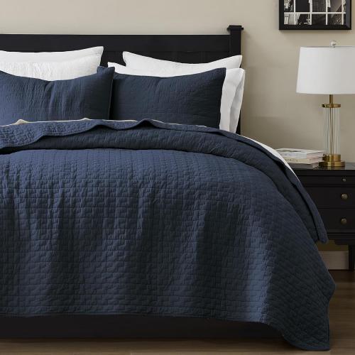palassio Navy Blue 100% Cotton Quilt Twin Size Bedding Sets with 1 Pillow Sham, Textured Lightweight Soft Bedspread Shabby Chic Coverlet, Quilted Comforter Bed Cover for All Season, 2 Pieces