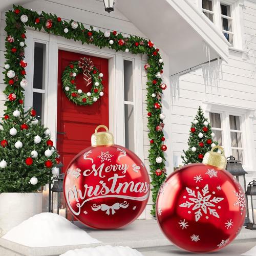 2PCS 24 Inch Christmas Inflatable Ball, PVC Giant Inflatable Ornaments Balls Red Blow up Ornament Balls, Inflatable Christmas Decorations for Outside Holiday Yard Lawn Decor(Merrychristmas Snowflake)