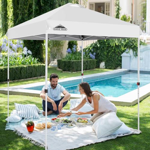 EAGLE PEAK Pop Up Canopy Tent with Wheeled Carry Bag, 8 Stakes, 4 Ropes, Easy Set Up Tent Canopy, 6.6x6.6 ft, White