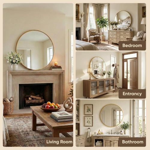Antok 24 Inch Round Mirror for Wall, Round Bathroom Mirror, Circle Wall Mirrors with Gold Metal Frame, Circle Mirrors Suitable for Wall, Bathroom, Vanity, Living Room, Entryway