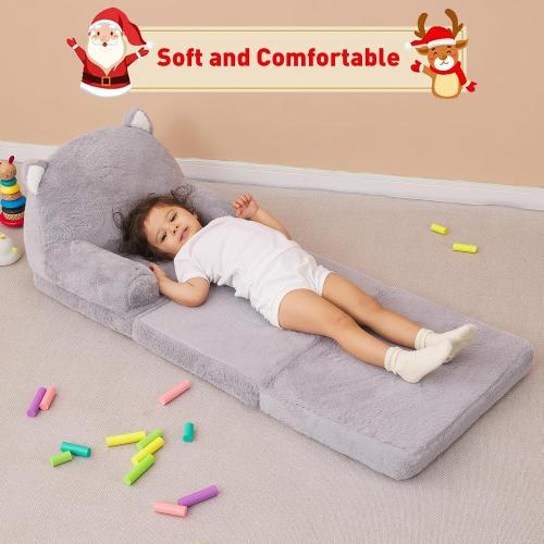 QIUODO Toddler Plush Chair with Removable Cover, Kids Sofa Bed to Lounger, Comfy Couch for Kids 18 Months and Up (Grey Kitty)