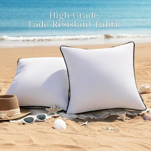 Phantoscope Pack of 4 Outdoor Waterproof Throw Pillow Covers with Contrast Piping, Decorative Square Cushion Case Patio Pillows for Couch Tent Sunbrella, Pure White 12x20 inches
