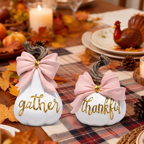 Hodao Thanksgiving White Pumpkin Decorations – Hand-Painted Resin Figurine Set with Pink Bow, Fall Harvest Autumn Ornaments, Gift for Mantel, Dining Table, Tiered Tray, Seasonal Home Décor