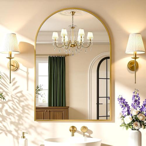 Antok Arched Bathroom Mirror, 24x36 Wall Mounted Mirror, Vanity Mirrors for Over Sink, Aluminum Alloy Frame Bathroom Mirrors Living Room, Bedroom and Entryway, Gold