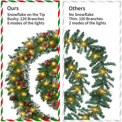 9 FT Christmas Garland with Lights,Battery Operated Lighted Garland with Pine Cones Red Berries Lush Branches,50 LED Lights 8 Modes,Christmas Decor Mantle Fireplace Indoor Outdoor Home