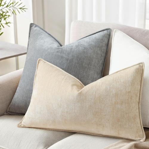 decorUhome Spring Couch Throw Pillow Covers 12x20 Set of 2, Decorative Soft Velvet Modern Cozy Chenille Lumbar Pillow Cases with Elegant Design for Sofa Bed Living Room Home Decor, Beige