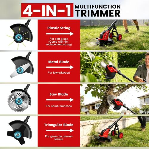 12-Inch Cordless Electric Weed Wacker, 2x3.0Ah 21V Battery Powered Weed Eater with Wheels, 800W Brushless Motor, Lawn Mower with 4 Types Blades, 20000RPM Brush Cutter Grass Trimmer for Garden Yard