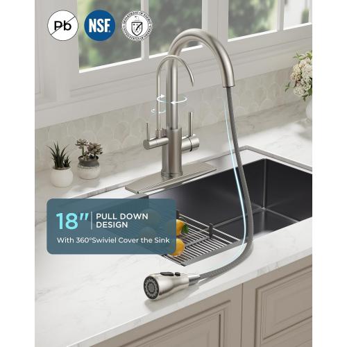 FORIOUS Kitchen Faucets with Water Filter, 2 in 1 Stainless Steel Pull Down Sink Faucet and Purified Water Faucet Rustic High Arc Single Handle with Detachable Deck for 1 or 3 Hole, Brushed Nickel‼️missing small O-ring‼️