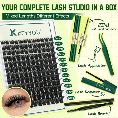 KEYYOU Lash Clusters Kit 144pcs Thick Volume D Curl Eyelash Clusters Lash Extension Kit with Mascara Brush Bond and Seal Glue Remover Applicators and Brush for DIY Lash Extensions (Y02)