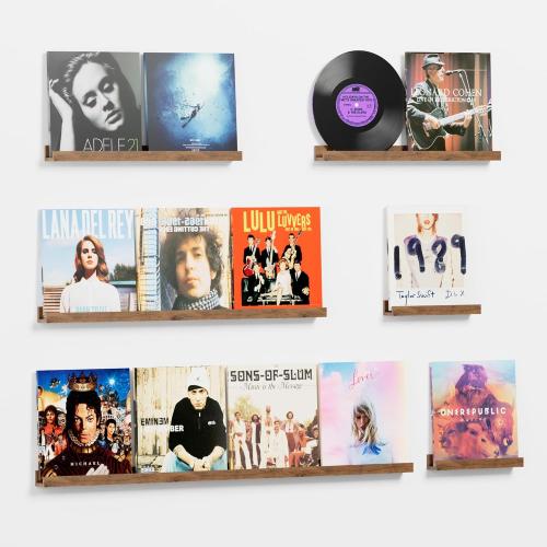 Vinyl Record Shelf Wall Mount, 6PC Album Record Holder Display, Wood Floating Shelves, Wood Ledges for Wall, 0ffice Wall Shelves, Album Shelves, Magazine Rack Walnut - 1x48In, 1x36In, 2x24In & 2x12In