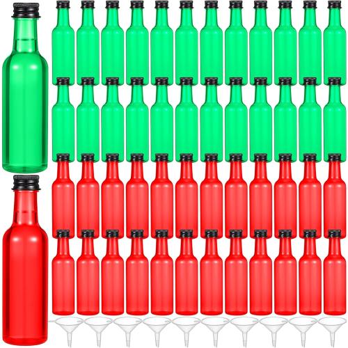 Patelai 50 Pcs 2oz Mini Liquor Bottles with Black Caps Funnels Plastic Shooters Alcohol Bottle Sauce Spirit Bottles for Cocktail Wine Halloween Fall Thanksgiving Christmas Party Favors(Red and Green)
