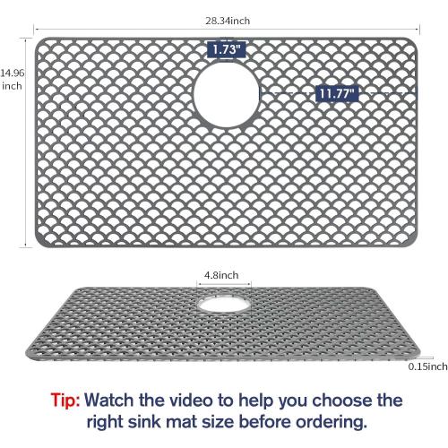 Silicone Sink Protector - 28x15 Rear Drain Hole, Heat Resistant Non-slip Dishwasher Suitable, Large Sink Mat for Farmhouse Kitchen