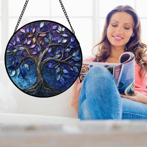 DASTOLL Stained Glass Window Hanging, Blue Purple Tree of Life Sun Catchers Colorful Glass Panel Plants Suncatcher Decor for Birthday for Women,Men,Wife, Lovers, and Mom 14.9x14.9 in