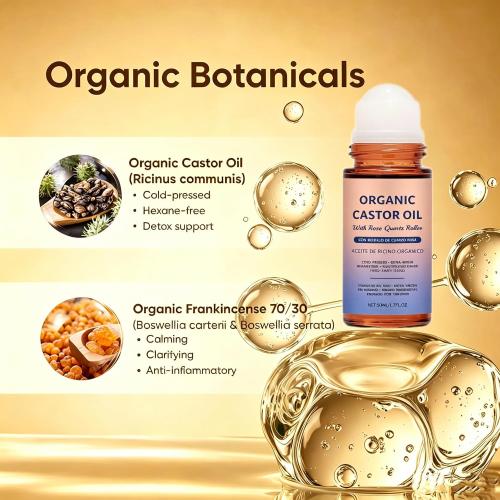 Organic Castor Oil with Rose Quartz Roller, 100% Pure Cold-Pressed, Organic Castor Oil Roll On Rose Quartz, Hexane-Free,Amber Glass Bottle for Skin 1.7oz (1 PCS)