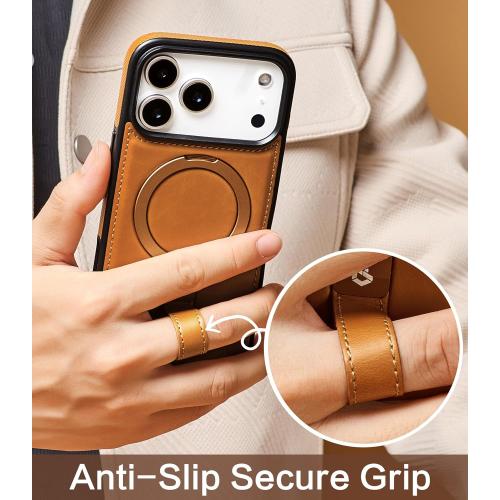 Butaiga for iPhone 17 Pro Leather Case with Stand, Anti-Slip Grip Ring, Fits for MagSafe (Brown, iPhone 17 Pro)