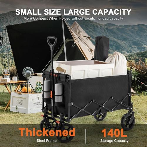 Black 34.9 x 19.9 x 24.4 Navatiee 140L Wagon Cart Foldable, Large Capacity Collapsible Wagon with Smallest Folding Design, Utility Grocery Cart for Camping Shopping Sports, Black