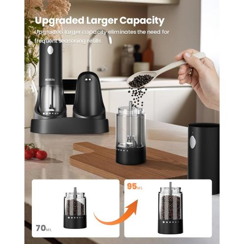 Electric Salt and Pepper Grinder Set with Rechargeable Base - Automatic Refillable Electric Salt and Pepper Shakers with Large Capacity, LED Light & Adjustable Coarseness, Black