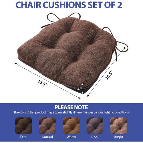 Chair Cushions for Dining Chairs Set of 2, Kitchen Chair Cushions, Chair Pads with Ties and Non Slip Backing, Tufted Memory Foam Seat Cushion 2 Pack, 15.5 x 15.5 x 4, Brown