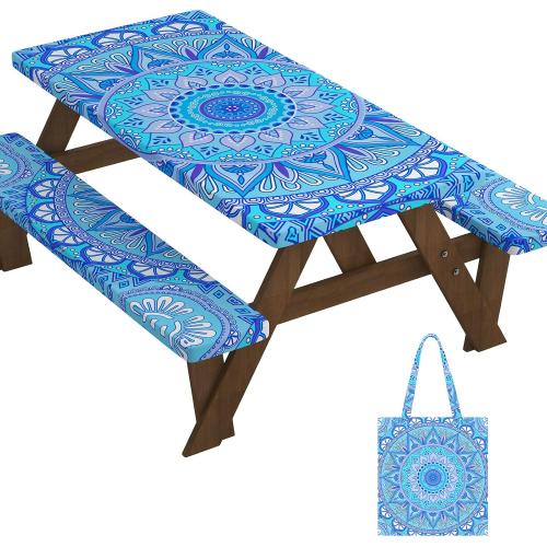 Blue Velway Picnic Table & Bench Covers: 6 FT Water-Resistant Windproof Elastic Fitted Tablecloth   Storage Bag - 3-Piece Set Camping Table   Seat Covers (72x30 Inches)