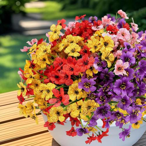 Geegoods Artificial Fake Plants Flowers for Outdoors, 14Bundles UV Resistant Faux Plastic Colorful Mix Mum Flowers for Outside Spring Summer Decor