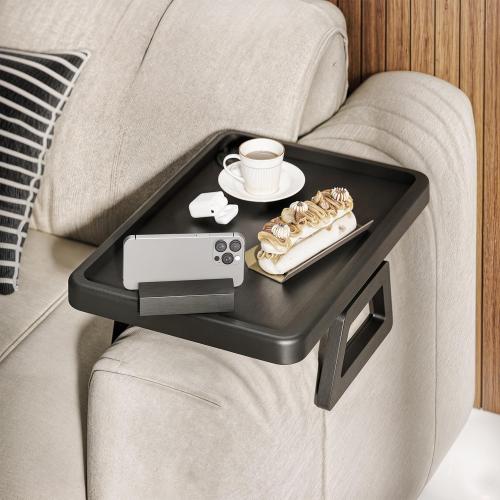 Acacia Wood Sofa Armrest Tray - Large Sofa Arm Tray Clip - Couch Arm Table for Wide Couches - Wooden Side Tables for Small Spaces for Eating and Drink (Black, Large)