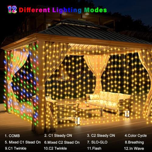 300 LED Fairy Curtain Lights 2 Color Changing, 9.8Ft x 9.8Ft Hanging Lights Battery Operated with Hooks, Outdoor Curtain Light Waterproof for Party Backdrop Patio Decorations (Warm White & Color)