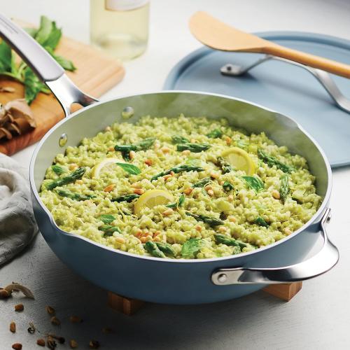Tramontina All-in-One Plus Pan Set, 5-Quart Ceramic Non Stick Cooking Pan with Lid, Steamer Insert, Bamboo Utensil and Trivet, Blue ‼️missing accessories ‼️