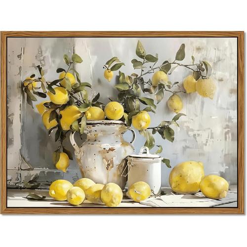 Framed Lemon Kitchen Wall Decor for Dining Room - Vintage Mustard French's Yellow Lemon Kitchen Wall Art, Rustic Oil Paintings Posters Prints for Bathroom Living Room Bedroom 16x24 inch