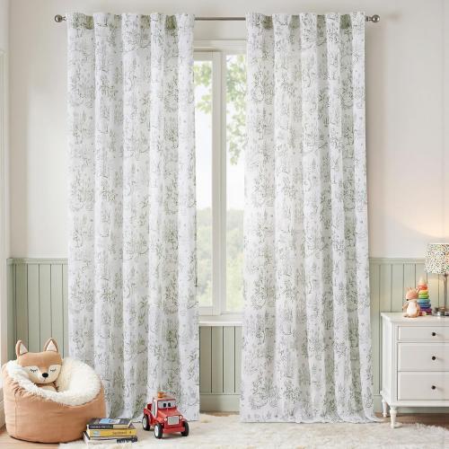 jinchan Linen Nursery Curtains 96 inch Long Woodland Wildlife Sage Green Print Drapes for Kid's Room Light Filtering French Country Farmhouse Curtains with Bunny and Forest Design Set of 2 Panels