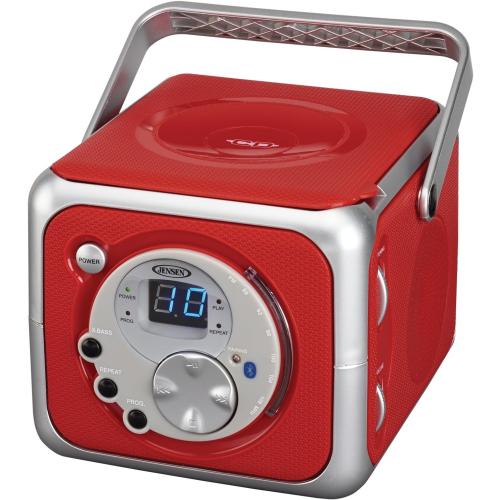 Jensen CD-555RS Red CD Bluetooth Boombox Portable Bluetooth Music System with CD Player  CD-R/RW & FM Radio with Aux-in & Headphone Jack Line-in Limited Edition- (Red)