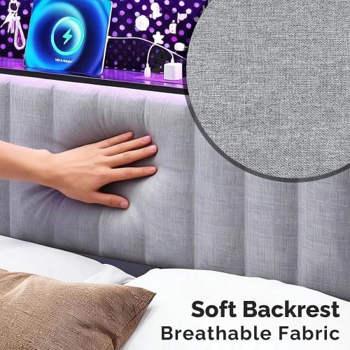 VINGLI Full Size Headboard Only, Upholstered Head Board with 2 Tier Shelves and Pegboard with Charging Stations and LED Lights, Modern Bed Headboard with Storage for Bedroom Decor, Linen Gray