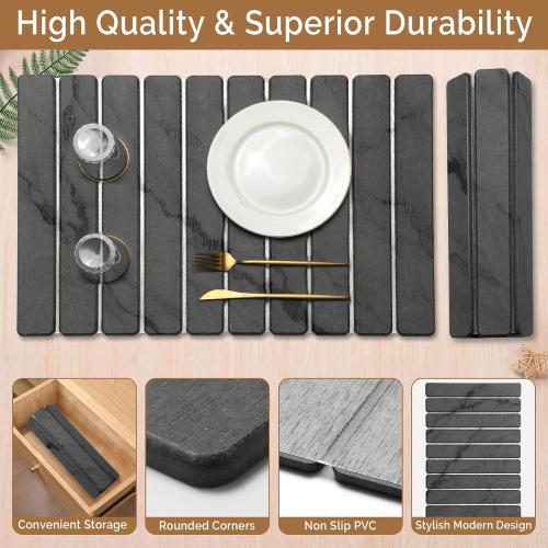 Large Stone Dish Drying Mat for Kitchen Counter, Quick Dry Stone Dishes Mats,Foldable Water Absorbing Diatomaceous Earth Drying Organizer Pad for Plate Rack Bottles Utensils(Dark Gray 24×16 & 8x4)