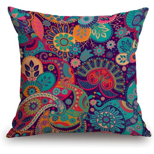 TSSOHU Mandala Throw Pillow Cover 18 x 18 Inch, Bohemian Paisley Printed Decor Linen Cushion Cover for Sofa Couch Bed