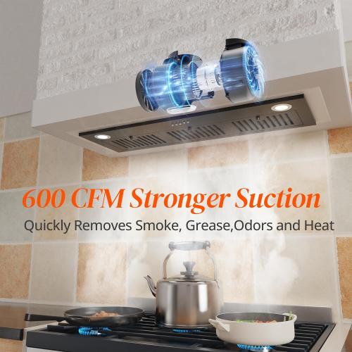 FIREGAS Black Range Hood Insert 36 inch, Built-in Kitchen Hood with 600 CFM, Ducted/Ductless Convertible Vent Hood, Stove Hood with Push Button, Aluminum Filters and Charcoal Filters