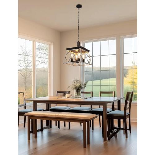 DORESshop 4-Light Rustic Farmhouse Chandelier for Dining Room, 15 Black and Rust Dining Room Light Fixtures, Adjustable Hanging Vintage Trapezoidal Grid Light Fixture for Kitchen Island, E26 Base