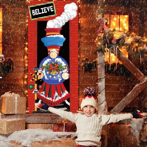 Christmas Express Train Door Cover Decoration Christmas Believe Front Hanging Banner Xmas Holiday Train Door Cover Sign for Home Wall Indoor Outdoor Party