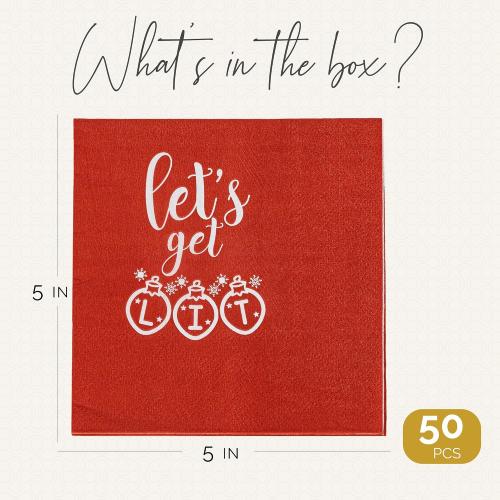 Christmas Napkins – 52 Pack Christmas Party Decorations with “Let's Get Lit” Design – Friendmas Napkins for Holiday Table, Friends Gatherings, and Festive Celebrations
