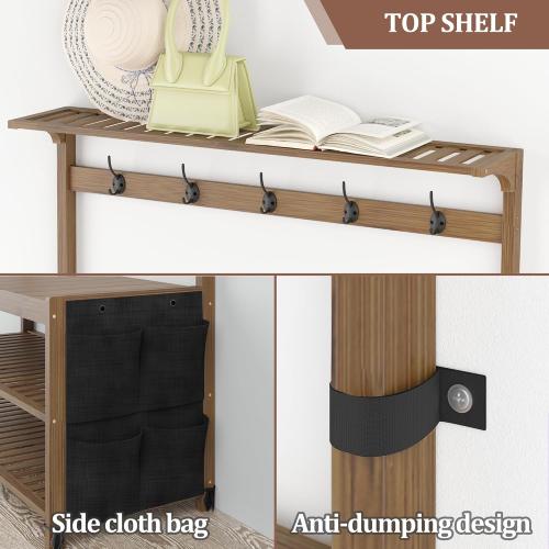 AMBIRD Hall Tree with bench and shoe storage, Entryway Bench with shoe storage, 6-in-1 Coat Rack with Cloth Bag and14 Coat Hooks, Sturdy Bamboo Frame, Large Size, Brown 39 * 15 * 70 Inches