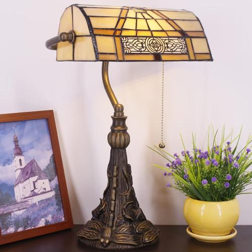 Tiffany Banker Lamp Small Stained Glass Table Lamp Tiffany Style Piano Light Yellow Mission Style Desk Lamp Angle Adjustable 10.6X15.7 Inch for Home Office Living Room Bedroom