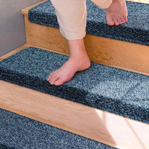 Bullnose Carpet Stair Treads, Non Slip Stair Treads for Wooden Steps Indoor, Stair Runner, Soft Stair Rugs for Pets, Edging Stair Protectors, Washable, 29.5x9.5x1.5 14pcs, Blue