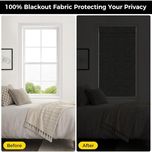 no Drill Cordless Roman Shades for Windows, 20 W × 64 H - 100% Blackout - Linen - Beige