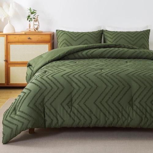 Andency Olive Green Comforter Set King Size, Boho Soft Fluffy Warm Lightweight Bedding Comforter Sets for King Bed, 3 Pieces Chevron Tufted Aesthetic Microfiber Lightweight Comforter Set