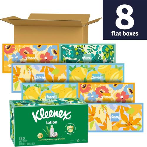 Kleenex Lotion Facial Tissues with Coconut Oil, 8 Flat Boxes, 180 Tissues Per Box, 3-Ply