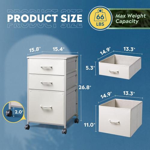 DEVAISE Mobile File Cabinet, Rolling Printer Stand with 3 Drawers, Fabric Vertical Filing Cabinet fits A4 or Letter Size for Home Office, White