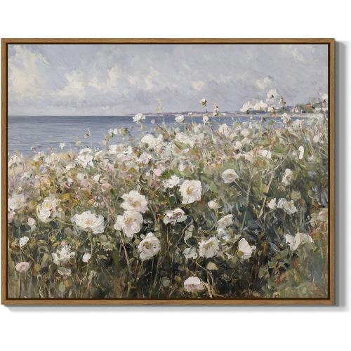 Framed Landscape Wall Art Blue Ocean Theme White Flower Pictures Wall Decor Abstract Floral Painting Prints Modern Seascape Artwork for Living Room Bedroom Bathroom Home Office Decoration