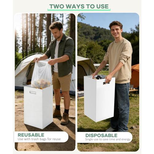 4 Pack Corrugated Cardboard Disposable Trash Cans for Parties, 40 Gallon Collapsible Garbage Cans with Handle, Thick Foldable Bins for Party Events Camping Beach(18 L x 18 W x 30 H), White